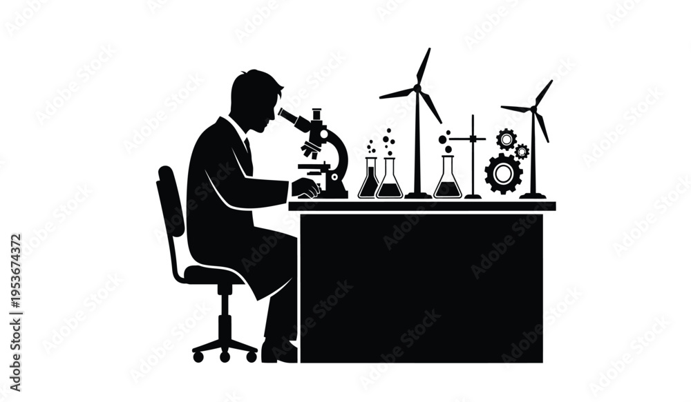 Fototapeta premium Silhouette of a man working on sustainable energy solutions in a laboratory setting with silhouette