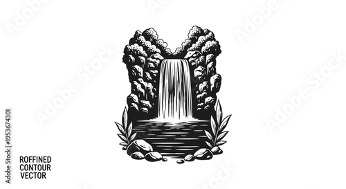 Vintage vector illustration of a powerful waterfall cascading over rugged rocks into a tranquil pool, with lush foliage. Hand-drawn style black and white nature landscape graphic.