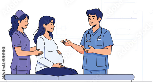 Pregnant woman during medical consultation with doctor and nurse in clinic