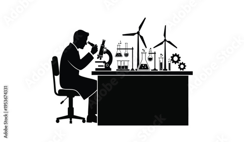Silhouette of a person working at a desk with wind turbines and laboratory equipment in a silhouette