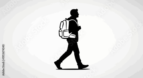 Silhouette of a man walking with a backpack, isolated black and white illustration representing travel, journey, and exploration.
