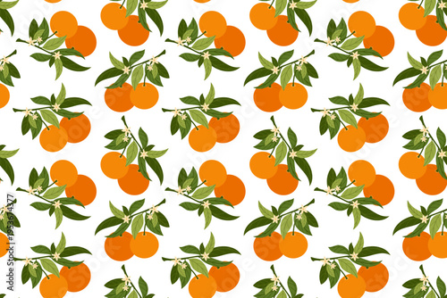 Seamless pattern with orange branches with leaves. Сitrus fresh juicy background with hand drawn elements. Cute fruit texture perfect for textile, wrapping paper, packaging, wallpaper, food design.