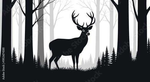 Majestic black silhouette of a buck with large antlers standing in a dark forest, monochrome vector illustration with trees in the background.