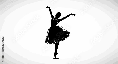 Elegant ballerina silhouette performing a graceful ballet dance with raised arms and classic pose, female dancer on pointe shoes.