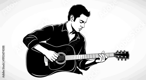 Black and white illustration of a man playing an acoustic guitar, focused on music performance and creativity. Musical talent.