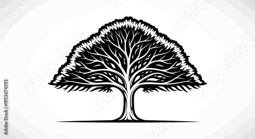 Elegant stylized black and white tree illustration with intricate roots and branches, representing nature, growth, and strength, isolated on white.