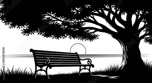 Black and white silhouette of an empty park bench under a large tree with a sunset or sunrise over water, symbolizing peace and solitude.