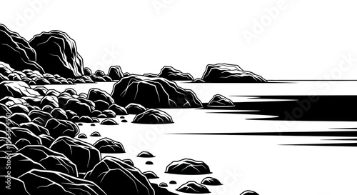 Dramatic black and white illustration of a rugged rocky coastline by the sea, showcasing natural serenity and graphic contrast.