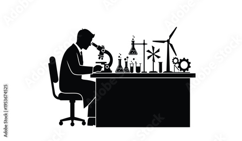 Silhouette of a man in a lab coat working with science equipment and a wind turbine silhouette