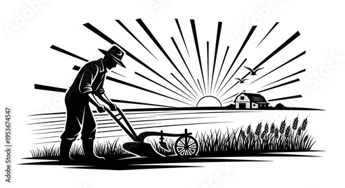 Vintage Style Farmer Plowing Field at Sunrise. Rural Agriculture Landscape with Farmhouse Silhouette and Sun Rays.