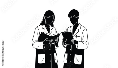 Silhouette of two scientists or researchers in lab coats reading documents or books
