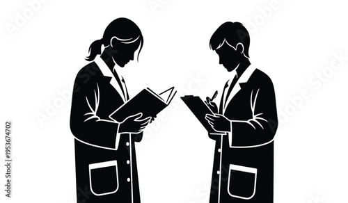 Silhouette of two women in lab coats reading books side by side