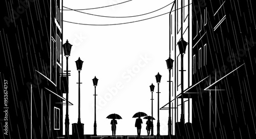Monochromatic city street in heavy rain with silhouetted figures holding umbrellas, urban alleyway at night, graphic art style.