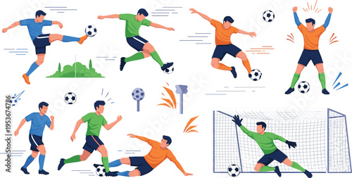 Soccer players action set with dribbling kicking sliding tackle and goalkeeper save, football sport dynamic scenes with athletes in motion vector illustration collection