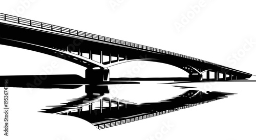 Modern arch bridge reflection over water, minimalist black and white vector illustration for infrastructure and connectivity concepts.