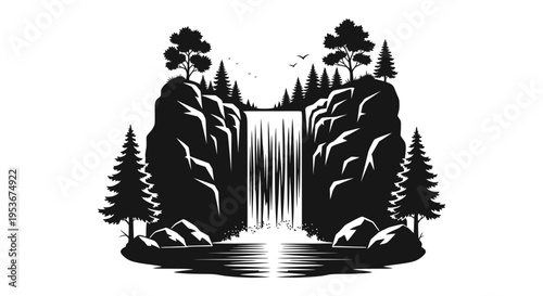Black and white illustration of a majestic waterfall cascading between rocky cliffs with forest trees, depicting a serene natural landscape.