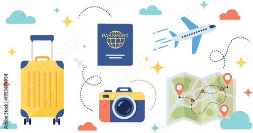 Travel elements set with suitcase, passport, airplane, camera and map, vacation planning icons collection vector illustration bundle