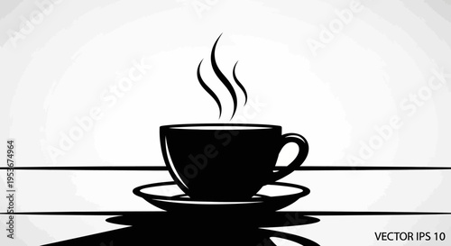 Minimalist black and white vector illustration of a steaming hot coffee cup and saucer with rising steam on a reflective surface.