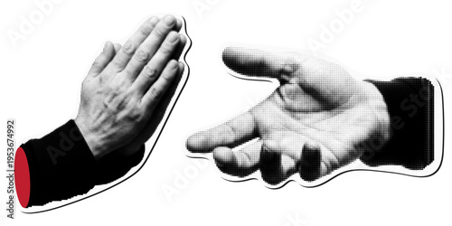Halftone hand gestures set, praying hands and open palm for support, charity or spirituality
