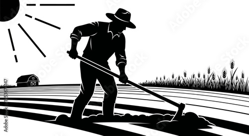Silhouette of a farmer diligently tilling soil with a hoe in a rural field under the sun, depicting agriculture and hard work.