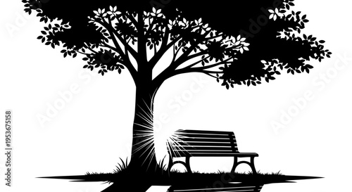 Peaceful black silhouette of a large tree with a park bench underneath, tranquil nature scene vector illustration on white background.