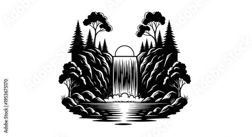 Majestic waterfall illustration in vintage black and white woodcut style. Cascading water, rocky cliffs, lush forest trees, reflective lake. Nature landscape graphic.