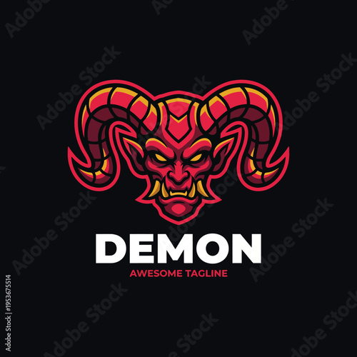 A striking demon logo featuring bold colors and distinct horns symbolizes strength, power, and energy, perfect for branding in various industries like gaming or entertainment.