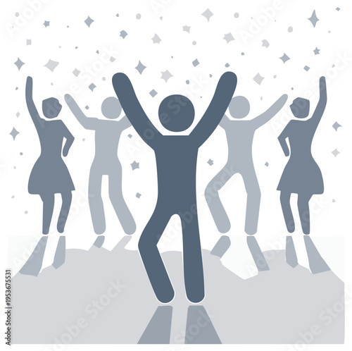 Joyful group of stick figures dancing, celebrating with confetti, and shadows.