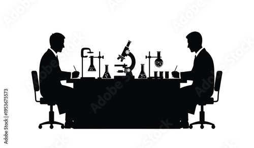 Silhouette of two scientists working together in a laboratory setting with various equipment
