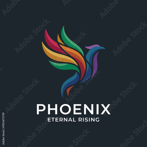 A vibrant logo of a phoenix representing rebirth and renewal, featuring a blend of colors that captivates the viewer and symbolizes hope, strength, and eternal rising.