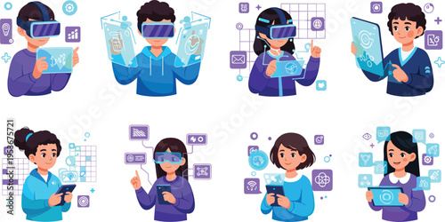Virtual reality and augmented reality technology vector set with people using VR headsets, holograms and digital interface futuristic illustration