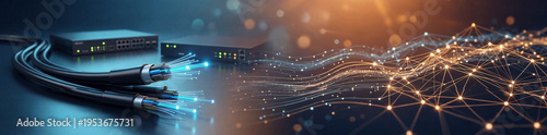 Horizontal banner featuring glowing fiber optic cables and high-speed network switches with an abstract digital connection mesh