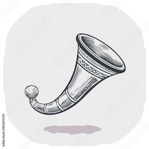 Vintage Tribal Horn Musical Instrument with Decorative Patterns Engraved Line Art Illustration