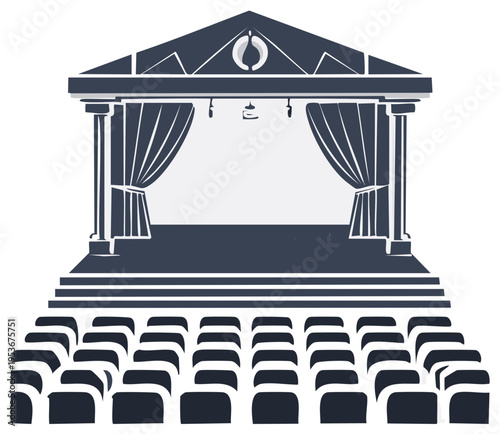 Stylized illustration of a theater stage with seating and curtains, ready for a performance