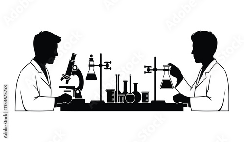 Silhouette of two scientists working in a laboratory with various equipment and a microscope silhouette
