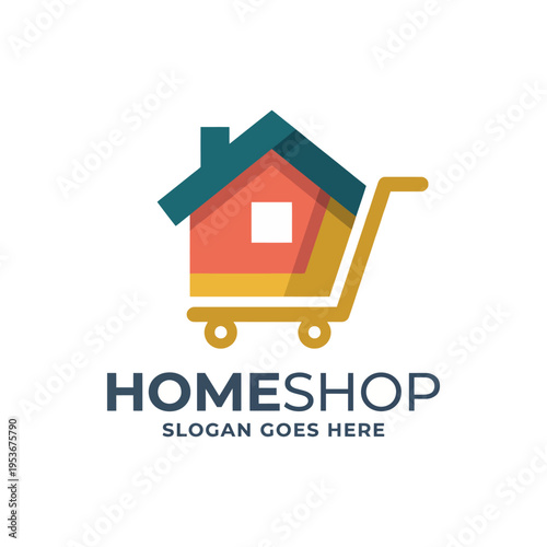 A modern logo for HomeShop combining a house and shopping cart, symbolizing convenience and ease of online shopping for home-related goods.