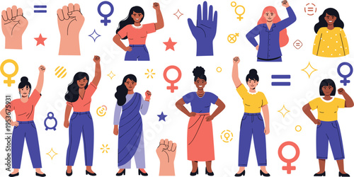 Women empowerment and feminism vector set with diverse female characters, equality symbols, raised fists and gender rights illustration