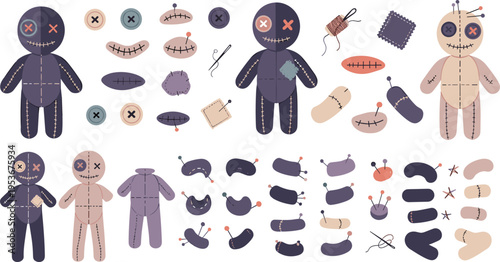 Voodoo doll sewing kit set with stitched rag toys, patches, needles and parts, spooky handmade craft vector illustration collection