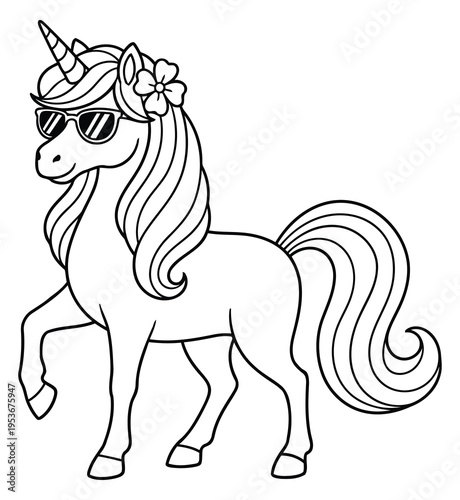 Unicorn wearing sunglasses in a stylish pose as a clean cartoon coloring page