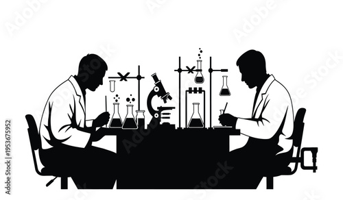 Silhouette of two scientists working in a laboratory setting with various equipment