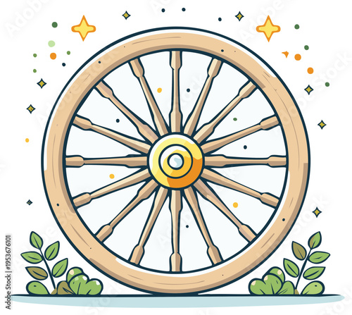 Cartoon illustration of a wooden wagon wheel with stars and plants