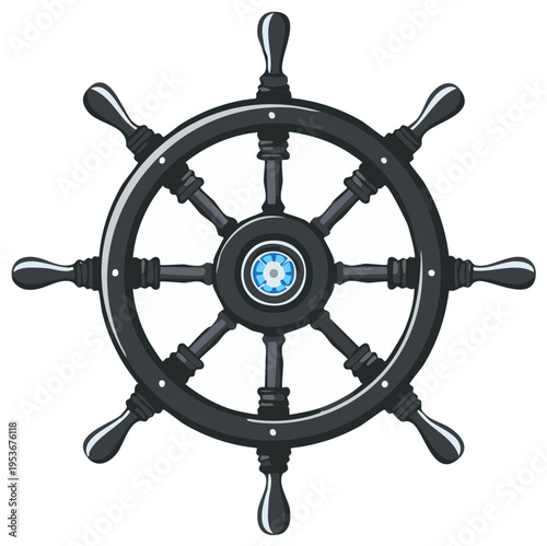 Nautical ship's wheel illustration. Vintage steering helm vector.