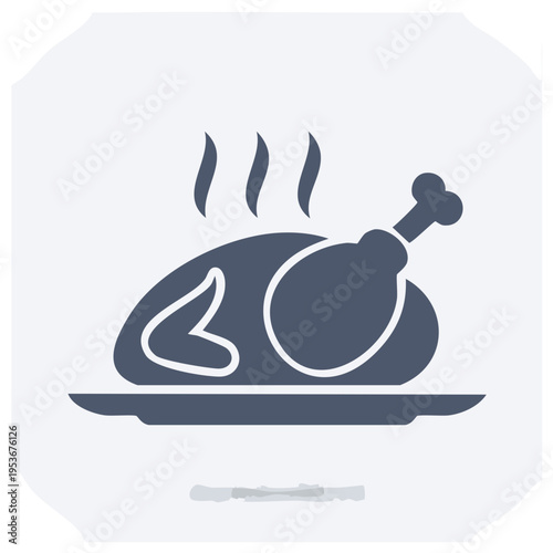 Roasted chicken icon on a plate, hot meal illustration.