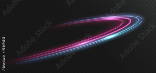 Neon light trail curve with glowing lines on transparent background abstract energy streak dynamic futuristic effect.