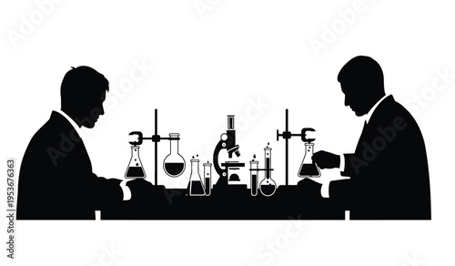 Silhouette of two men in suits working in a laboratory setting with various equipment
