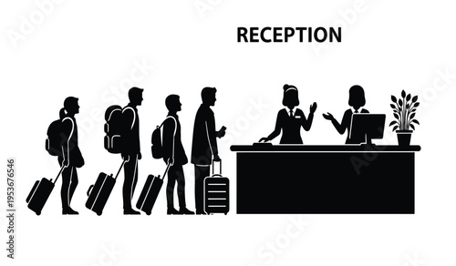 Silhouette of people waiting at hotel reception desk with luggage receptionist assisting guest business travel concept silhouette