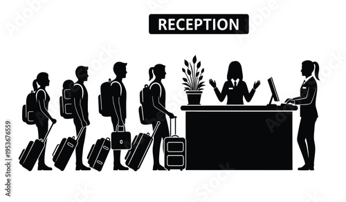 Silhouette of people checking in at hotel reception desk with luggage