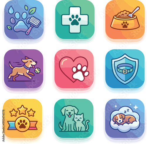 Modern Pet Care App Icon Set Featuring Veterinary Cross Medical Insurance Shield Grooming Feeding and Sleeping Puppy Silhouettes for Mobile User Interface Design