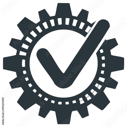 Gear wheel with checkmark symbolizes progress, correctness, and manufacturing processes