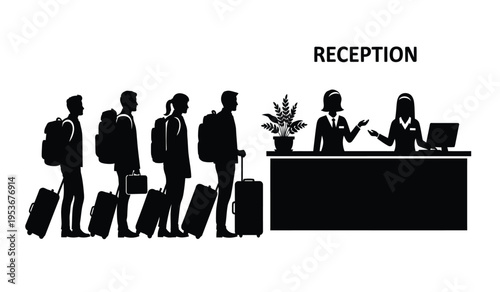 Silhouette of businesspeople waiting at hotel reception desk with luggage receptionist at work modern office environment silhouette